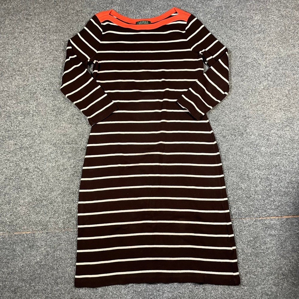 Lauren Ralph Lauren Dress Size Medium Brown Orange Striped Cotton Boat Neck Midi